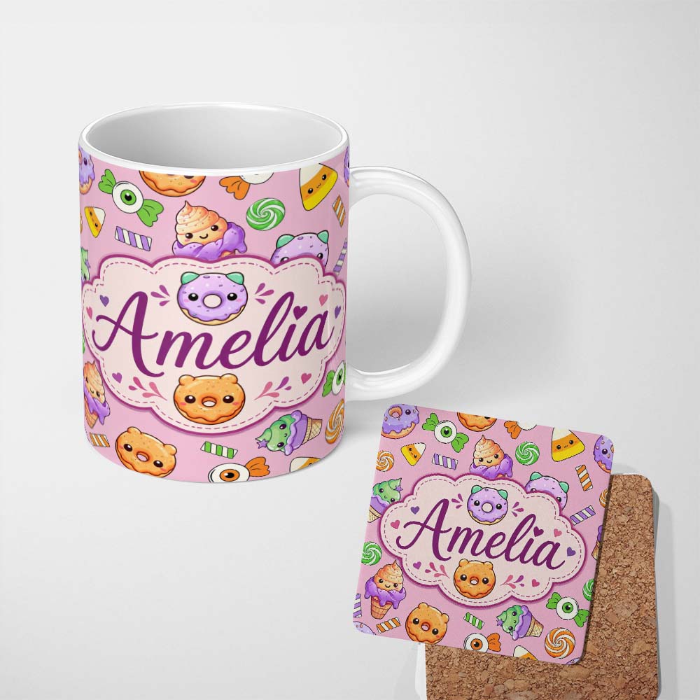 Personalized Custom Name Cute Halloween Donut Candy Ice Cream Kawaii Seamless Pattern Pink 11oz Ceramic Coffee Tea Mug White Large Handle