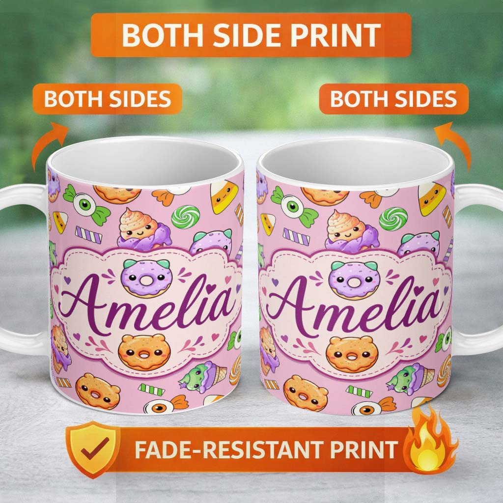 Personalized Custom Name Cute Halloween Donut Candy Ice Cream Kawaii Seamless Pattern Pink 11oz Ceramic Coffee Tea Mug White Large Handle