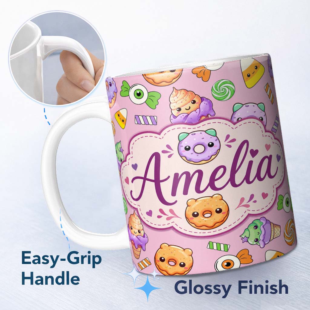 Personalized Custom Name Cute Halloween Donut Candy Ice Cream Kawaii Seamless Pattern Pink 11oz Ceramic Coffee Tea Mug White Large Handle