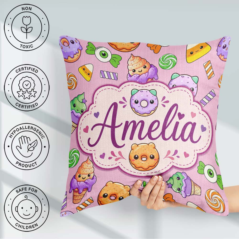 Custom Name Halloween Donut Candy Ice Cream Kawaii Seamless Pink Square Filled Cushion Throw Pillow Sofa Bed Home Decor Zip Washable UK Made