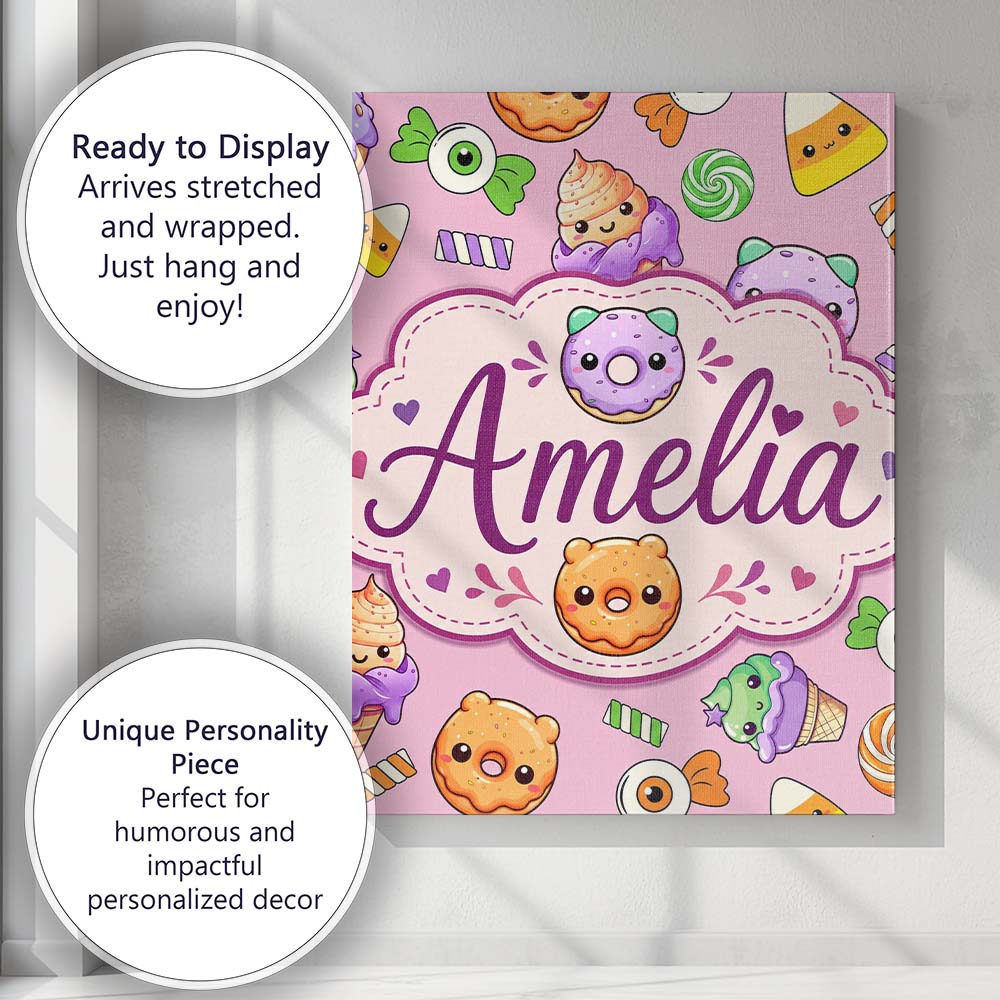 Personalised Name Cute Halloween Donut Custom Modern Room Accent Elegant Feature Canvas Wall Art Print Decor Picture Ready to Hang