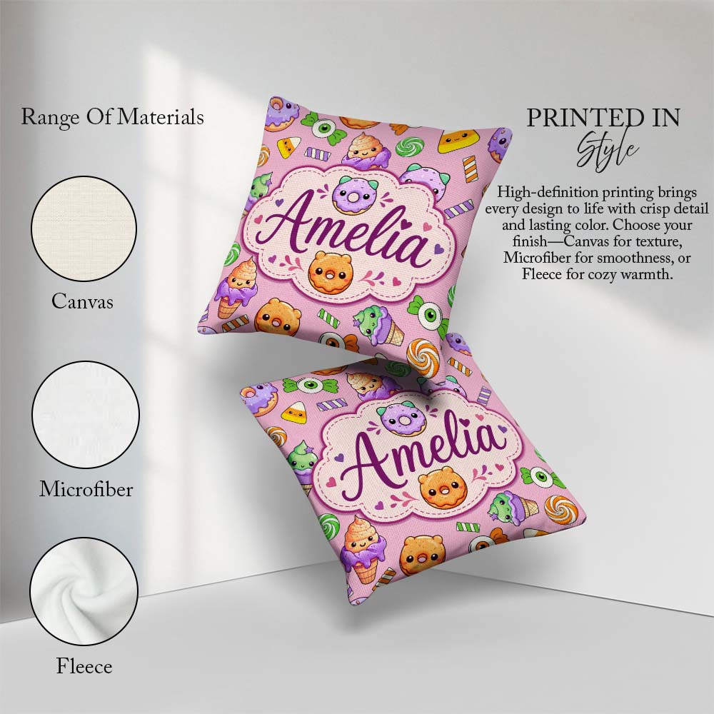 Custom Name Halloween Donut Candy Ice Cream Kawaii Seamless Pink Square Filled Cushion Throw Pillow Sofa Bed Home Decor Zip Washable UK Made