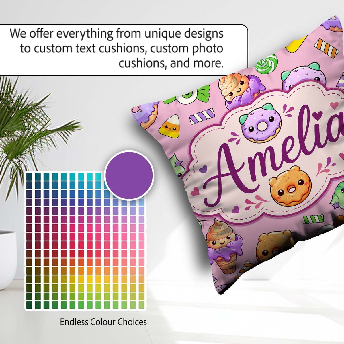 Custom Name Halloween Donut Candy Ice Cream Kawaii Seamless Pink Square Filled Cushion Throw Pillow Sofa Bed Home Decor Zip Washable UK Made