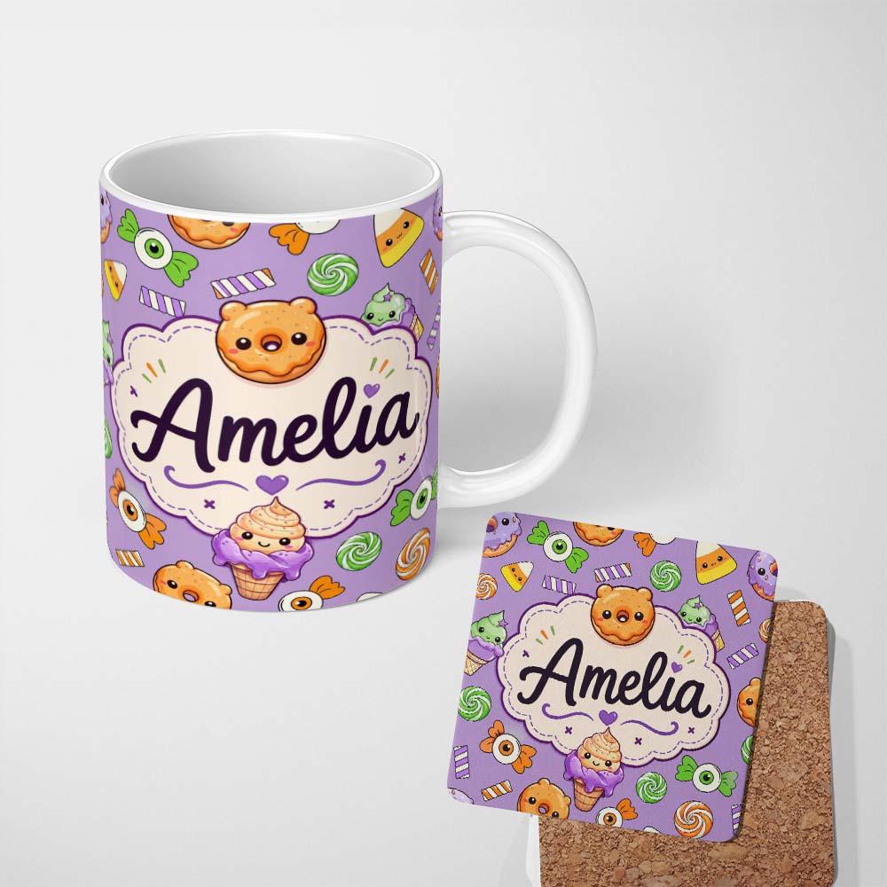 Personalized Custom Name Cute Halloween Donut Candy Ice Cream Kawaii Seamless Pattern Purple 11oz Ceramic Coffee Tea Mug White Large Handle