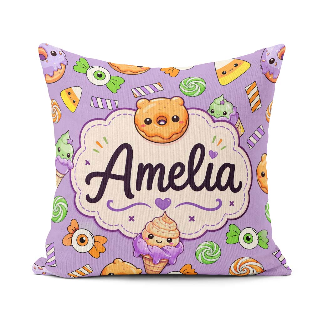 Custom Name Donut Candy Ice Cream Kawaii Seamless Pattern Purple Square Filled Cushion Throw Pillow Sofa Bed Home Decor Zip Washable UK Made