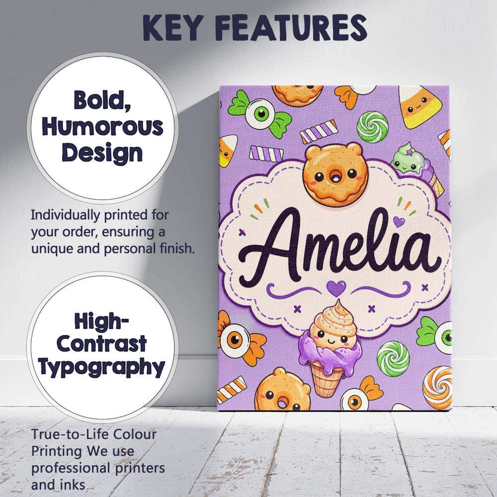 Personalised Name Cute Halloween Donut Custom Modern Room Accent Elegant Feature Canvas Wall Art Print Decor Picture Ready to Hang