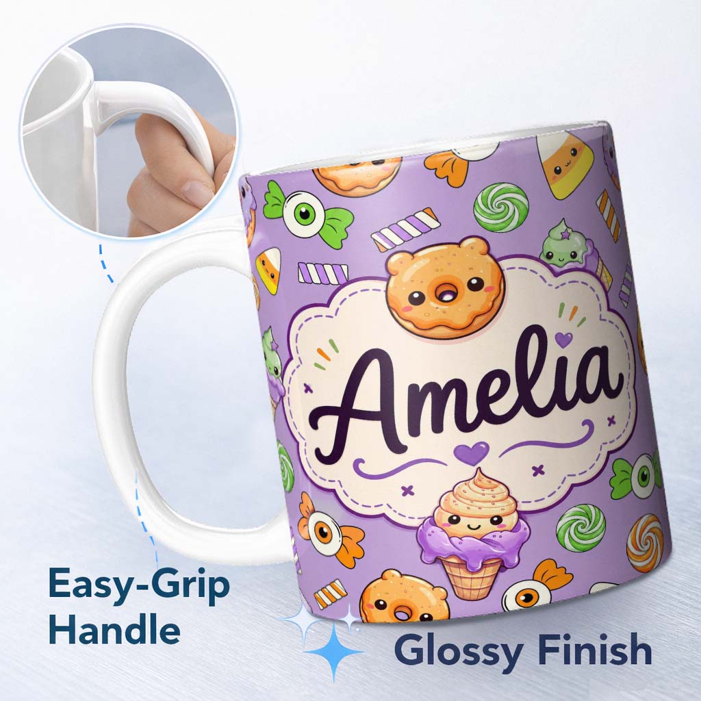 Personalized Custom Name Cute Halloween Donut Candy Ice Cream Kawaii Seamless Pattern Purple 11oz Ceramic Coffee Tea Mug White Large Handle
