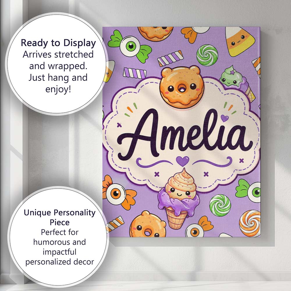 Personalised Name Cute Halloween Donut Custom Modern Room Accent Elegant Feature Canvas Wall Art Print Decor Picture Ready to Hang