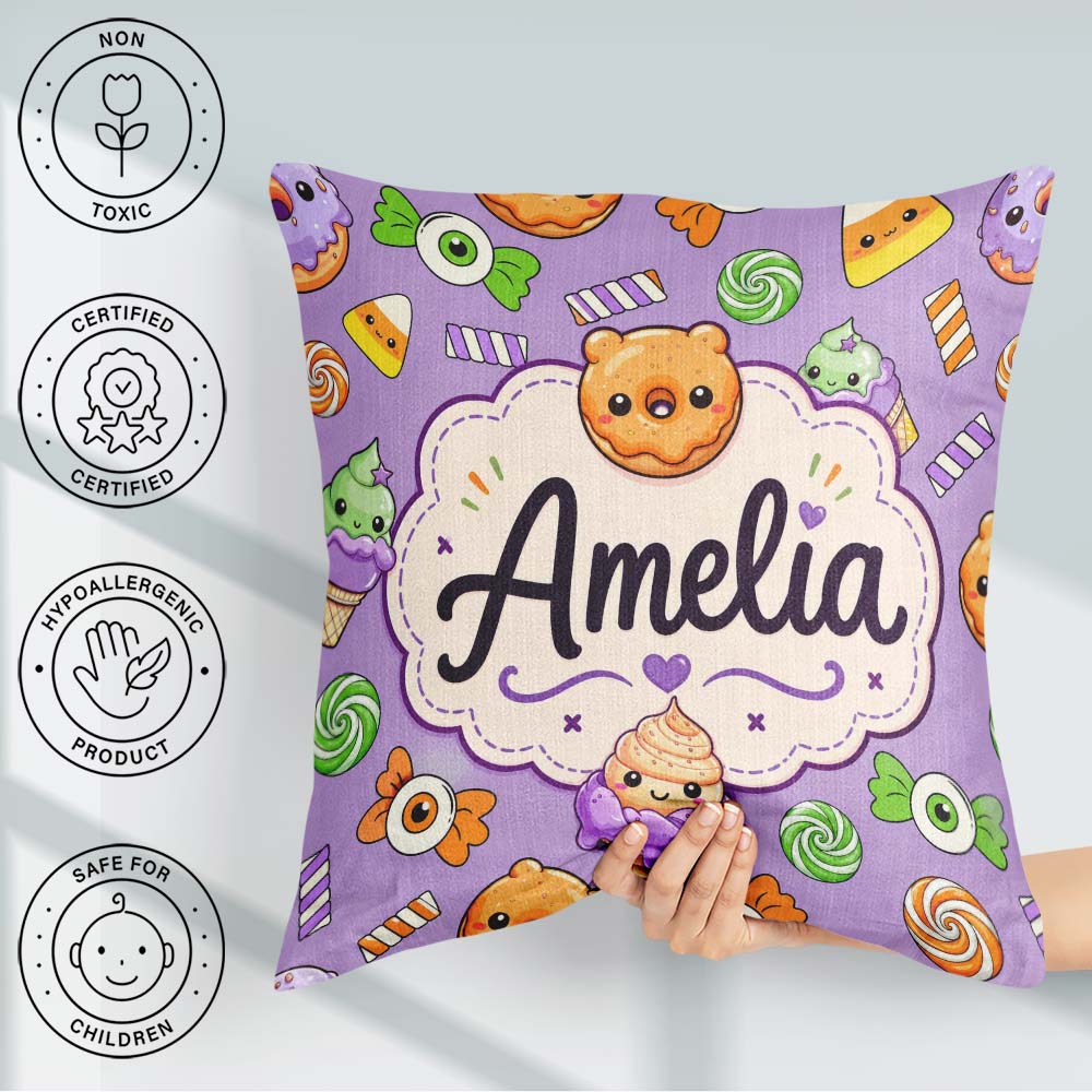 Custom Name Donut Candy Ice Cream Kawaii Seamless Pattern Purple Square Filled Cushion Throw Pillow Sofa Bed Home Decor Zip Washable UK Made