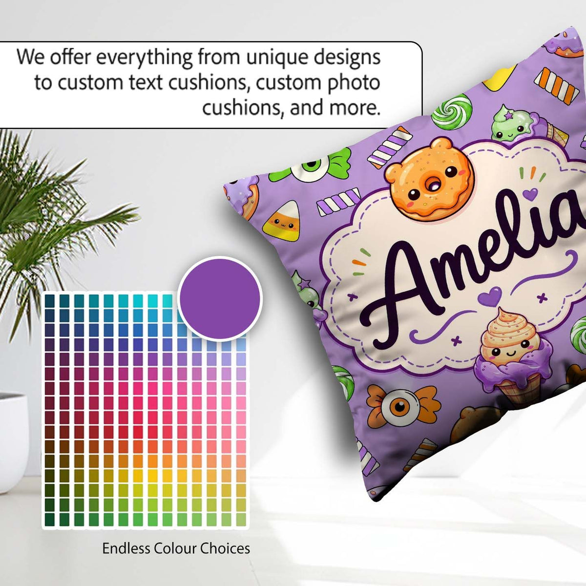 Custom Name Donut Candy Ice Cream Kawaii Seamless Pattern Purple Square Filled Cushion Throw Pillow Sofa Bed Home Decor Zip Washable UK Made