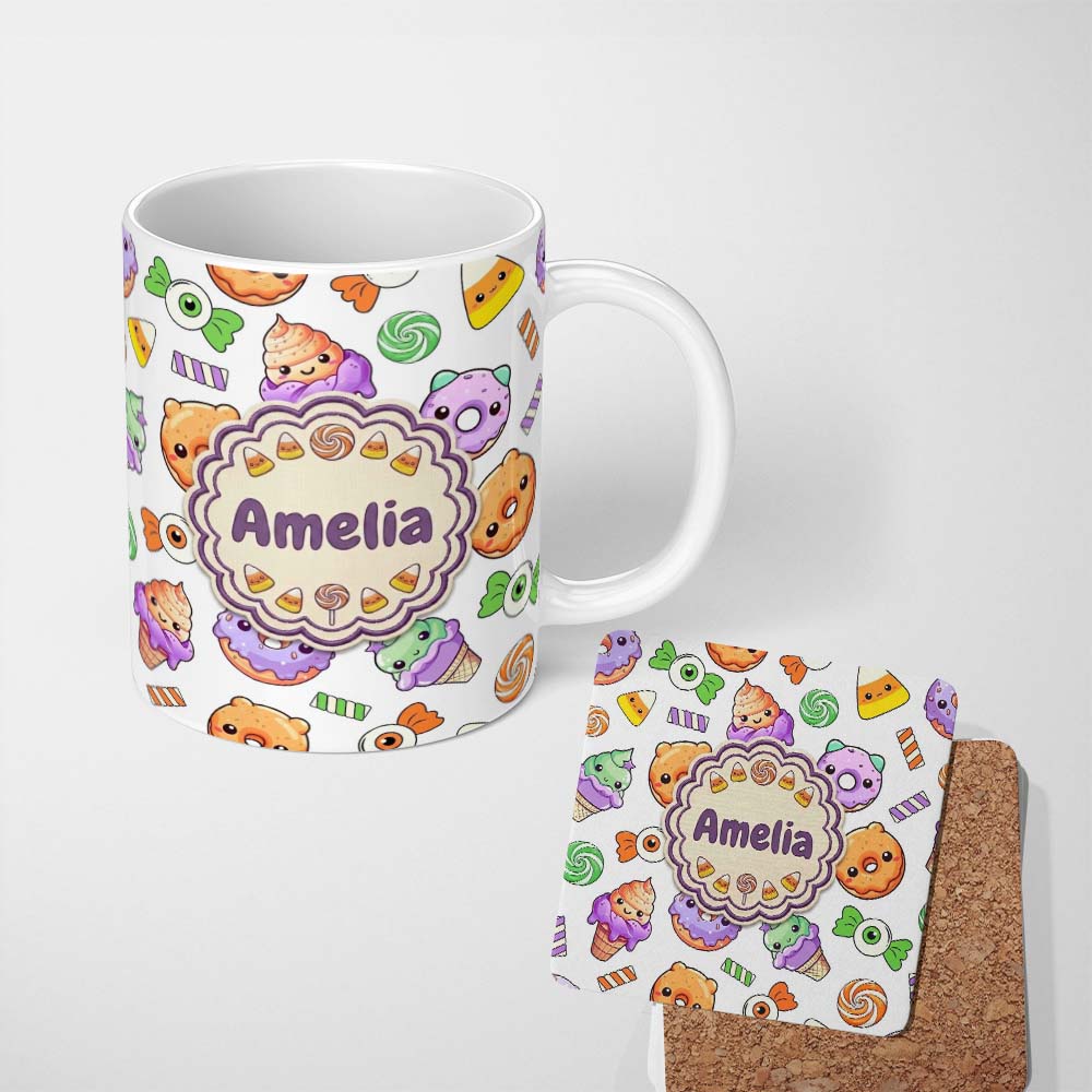 Personalized Custom Name Cute Halloween Donut Candy Ice Cream Kawaii Seamless Pattern White 11oz Ceramic Coffee Tea Mug White Large Handle