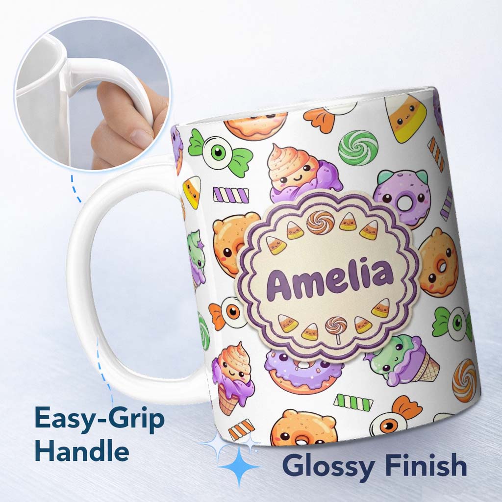 Personalized Custom Name Cute Halloween Donut Candy Ice Cream Kawaii Seamless Pattern White 11oz Ceramic Coffee Tea Mug White Large Handle