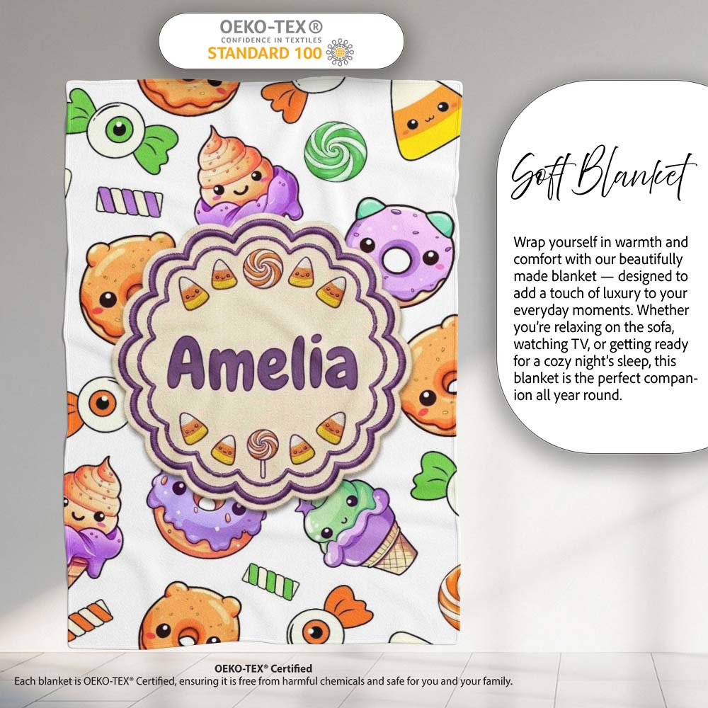 Cute Halloween Donut Candy Ice Cream Kawaii Seamless Pattern White Personalised Custom Name Super Soft Fleece Blanket Bed Sofa Throw