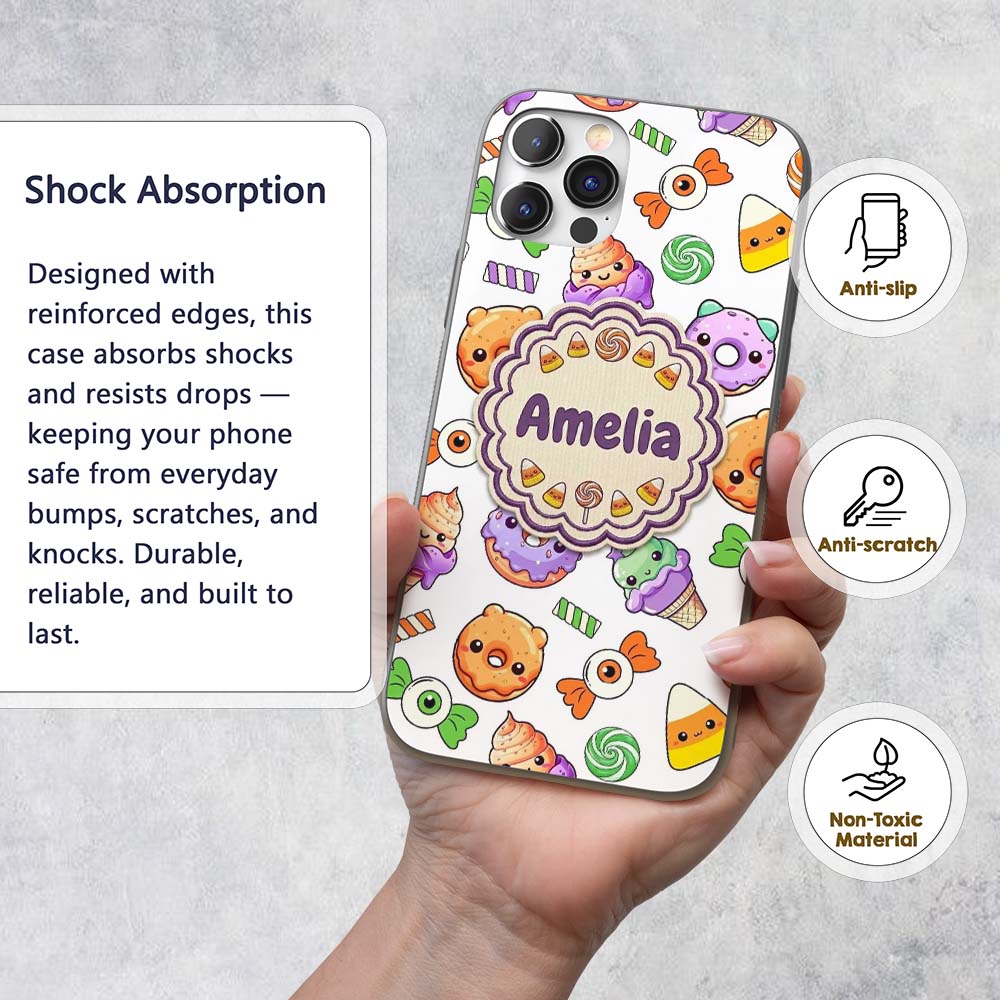 Cute Halloween Donut Candy Ice Printed Design Custom Name Protective Phone Case Mobile Cover Durable Everyday Smartphone Shock Resistant