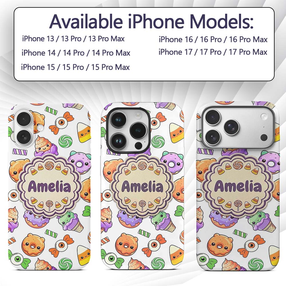 Cute Halloween Donut Candy Ice Printed Design Custom Name Protective Phone Case Mobile Cover Durable Everyday Smartphone Shock Resistant