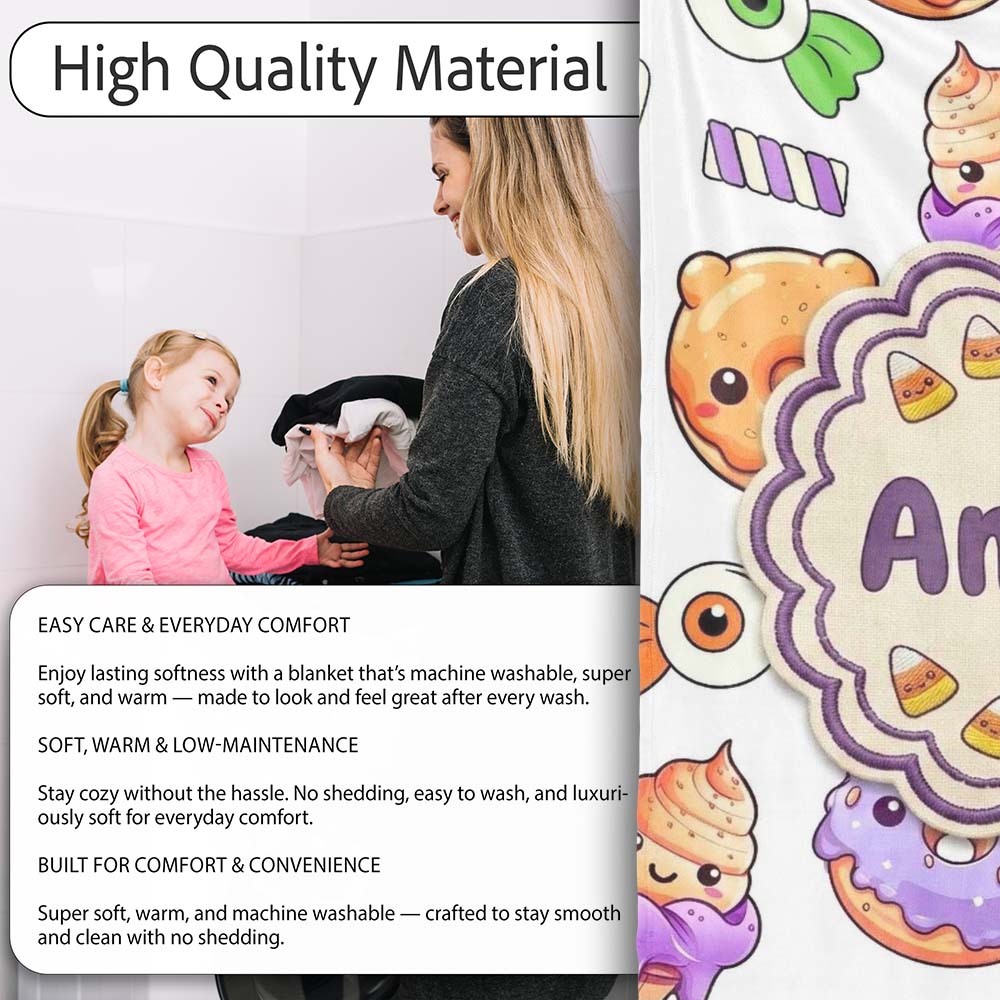 Cute Halloween Donut Candy Ice Cream Kawaii Seamless Pattern White Personalised Custom Name Super Soft Fleece Blanket Bed Sofa Throw