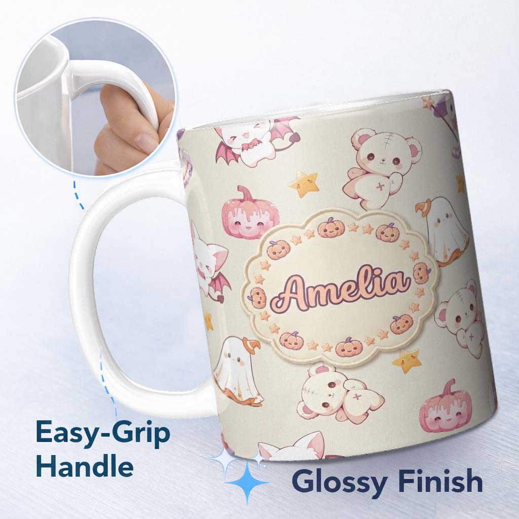 Personalized Custom Name Cute Halloween Bunny Witch Teddy Pumpkin Seamless Pattern Cream 11oz Ceramic Coffee Tea Mug White Large Handle