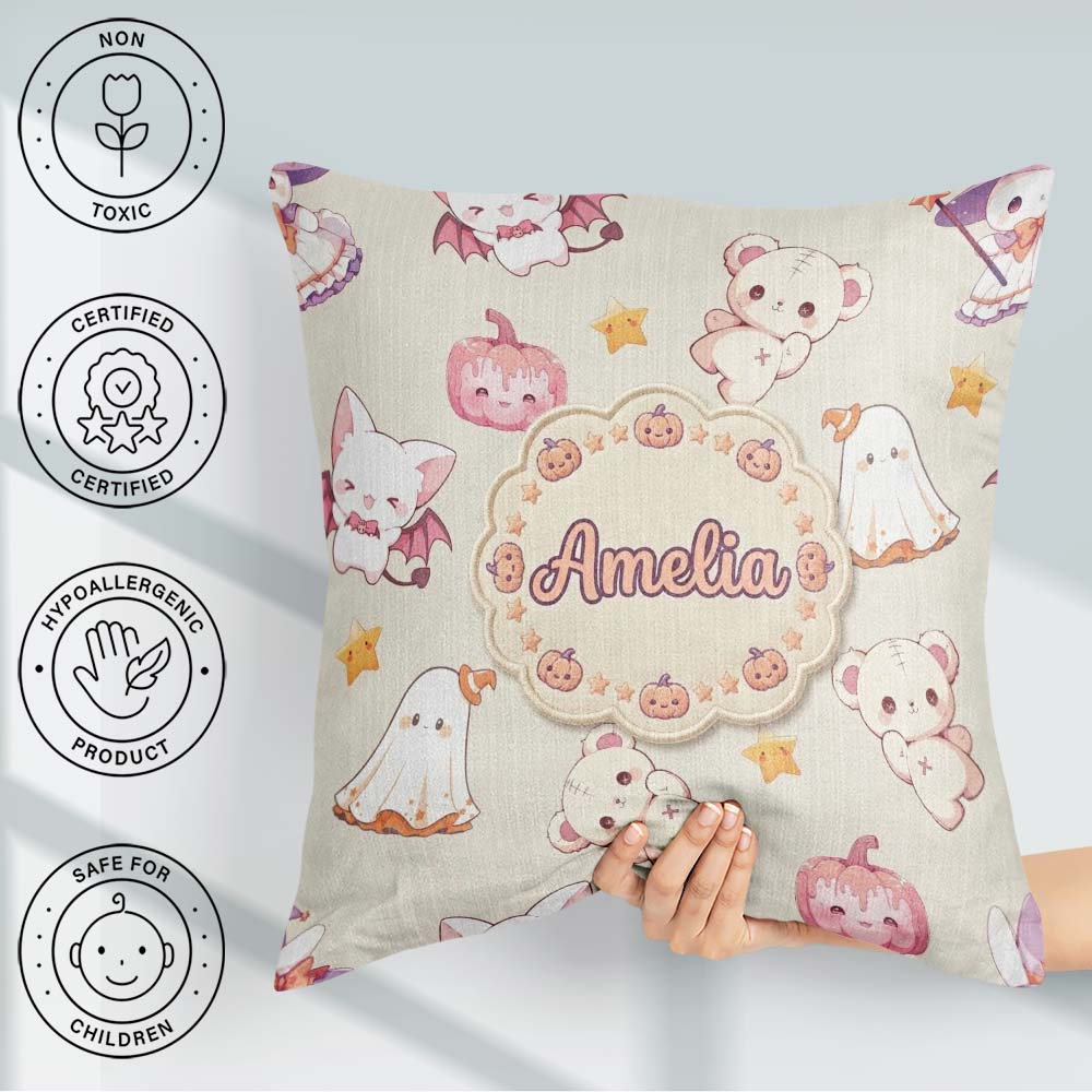 Custom Name Halloween Bunny Witch Teddy Pumpkin Seamless Pattern Square Filled Cushion Throw Pillow Sofa Bed Home Decor Zip Washable UK Made
