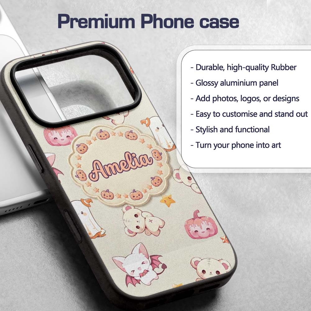 Cute Halloween Bunny Witch Teddy Pumpkin Seamless Custom Name Protective Phone Case Mobile Cover Durable Everyday Smartphone Shock Resistant