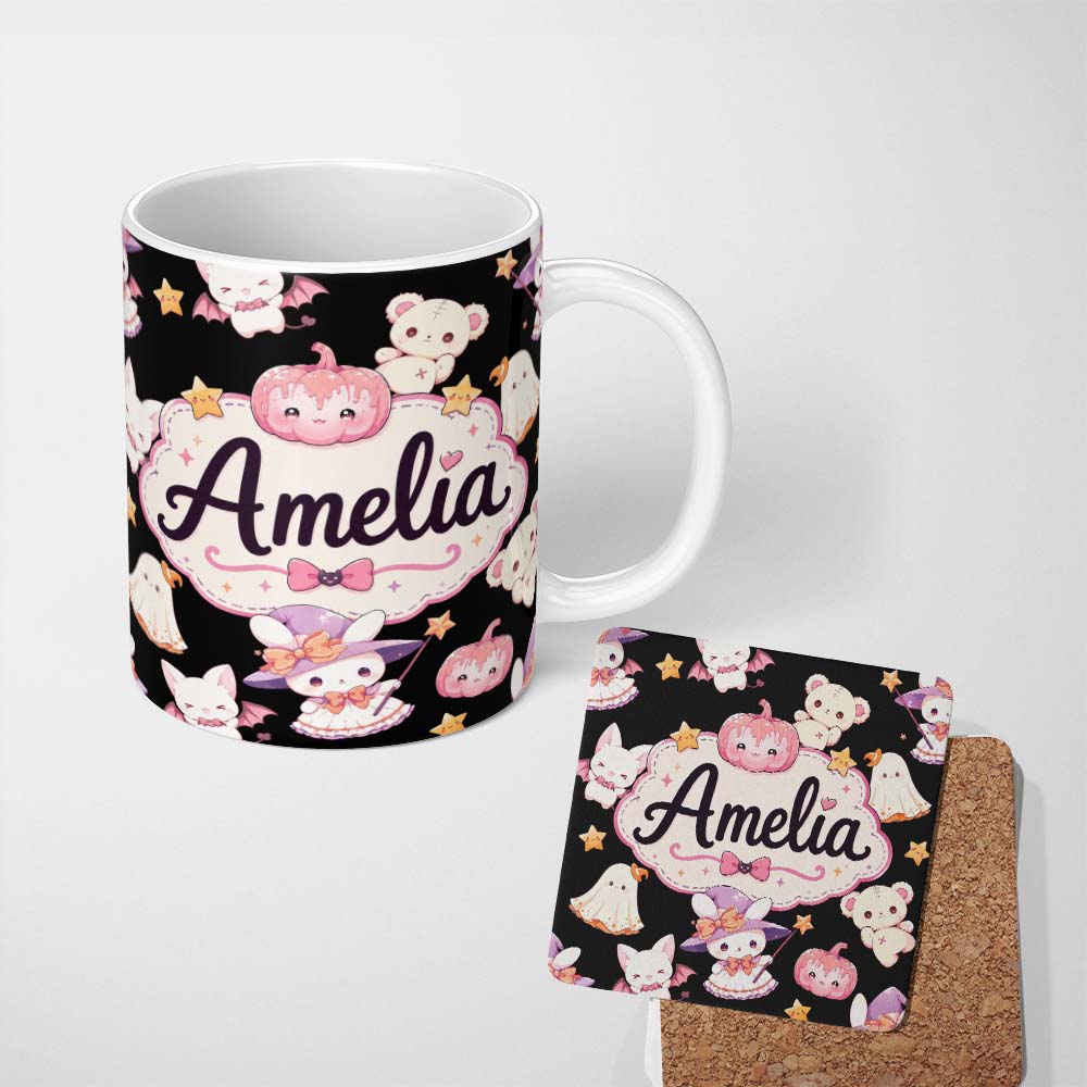 Personalized Custom Name Cute Halloween Bunny Witch Teddy Pumpkin Seamless Pattern Black 11oz Ceramic Coffee Tea Mug White Large Handle