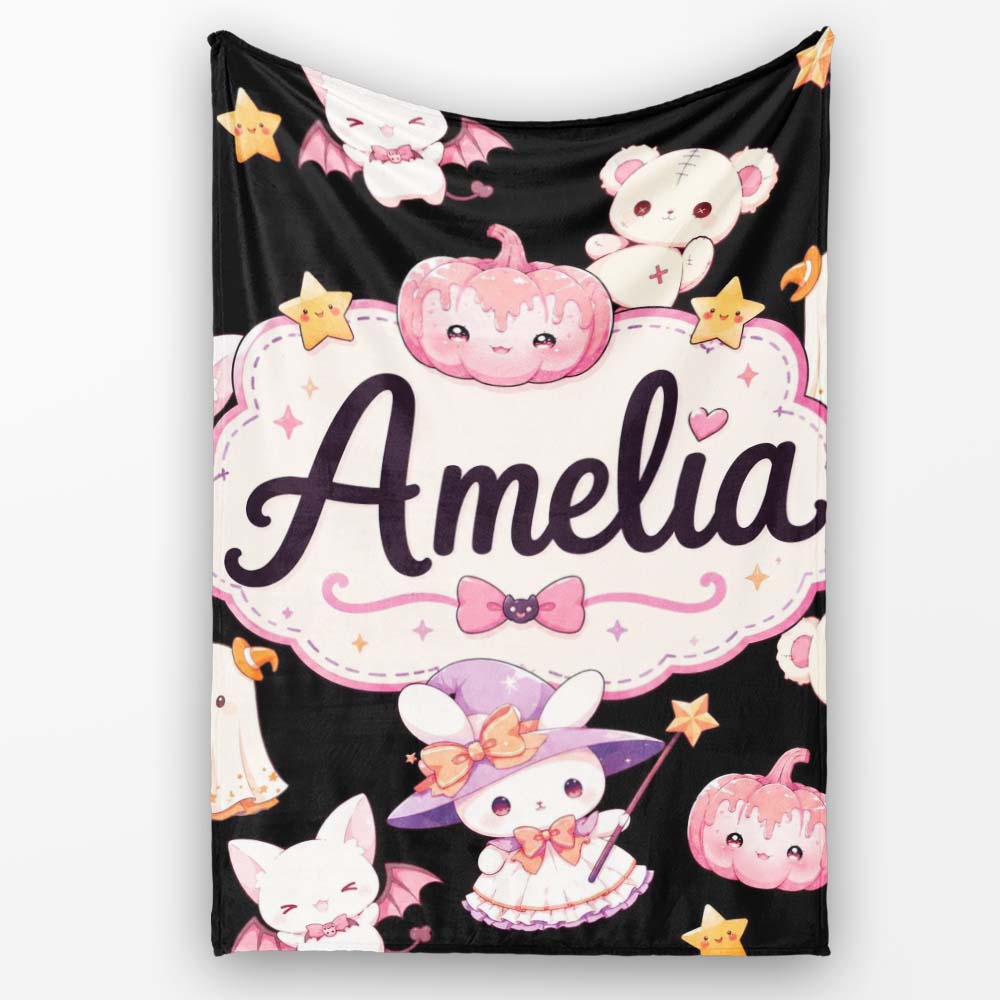 Cute Halloween Bunny Witch Teddy Pumpkin Seamless Pattern Black Personalised Custom Name Super Soft Fleece Blanket Bed Sofa Throw