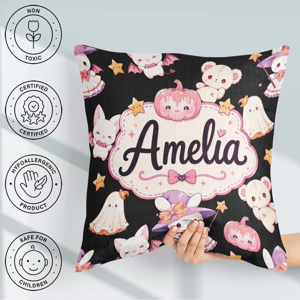 Custom Name Halloween Bunny Witch Teddy Pumpkin Seamless Pattern Square Filled Cushion Throw Pillow Sofa Bed Home Decor Zip Washable UK Made