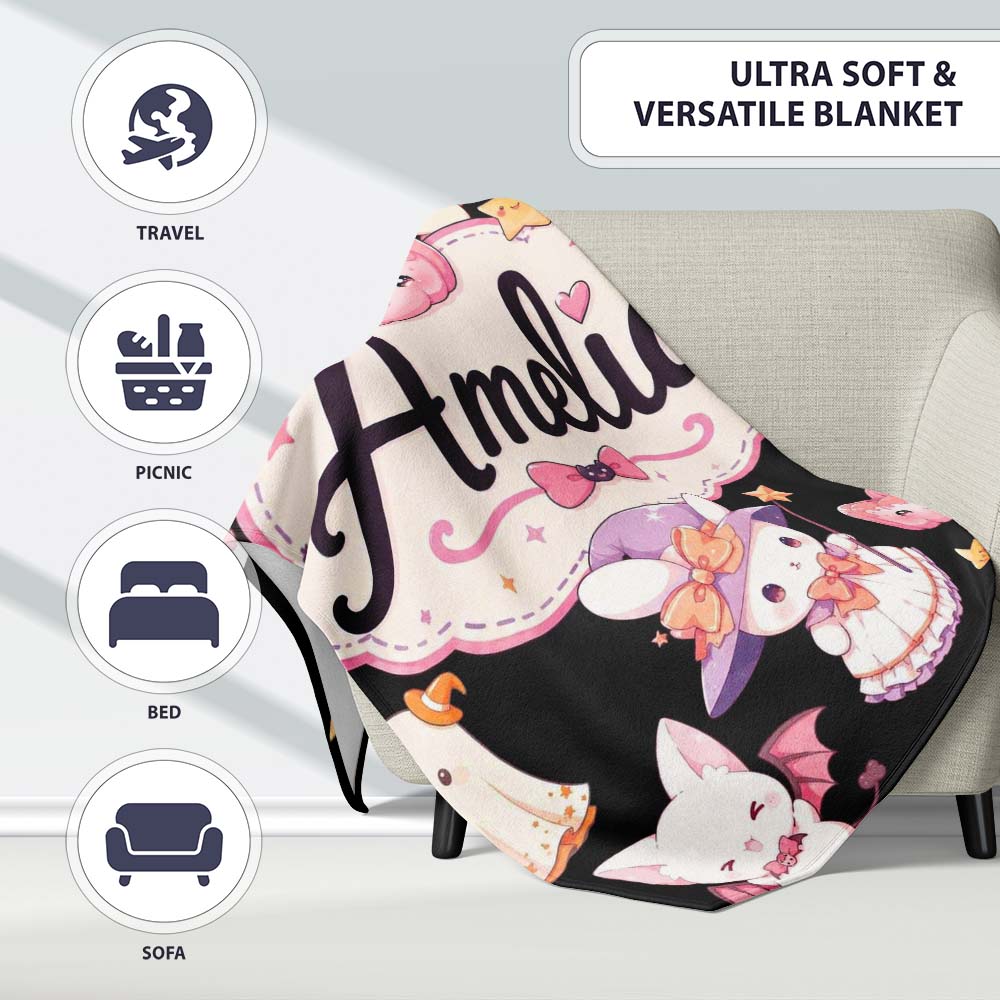 Cute Halloween Bunny Witch Teddy Pumpkin Seamless Pattern Black Personalised Custom Name Super Soft Fleece Blanket Bed Sofa Throw