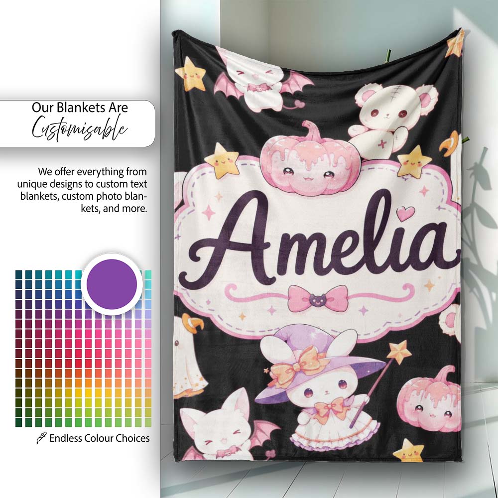 Cute Halloween Bunny Witch Teddy Pumpkin Seamless Pattern Black Personalised Custom Name Super Soft Fleece Blanket Bed Sofa Throw