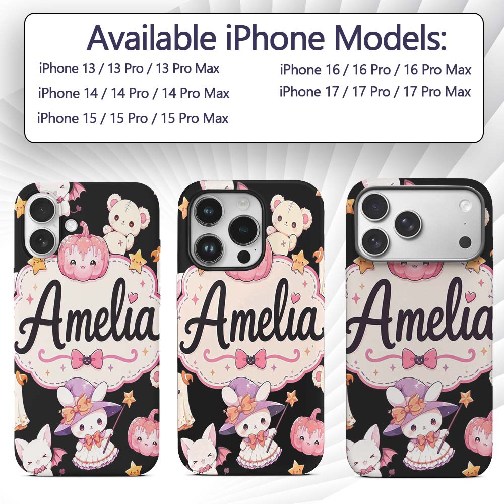 Cute Halloween Bunny Witch Teddy Pumpkin Seamless Custom Name Protective Phone Case Mobile Cover Durable Everyday Smartphone Shock Resistant