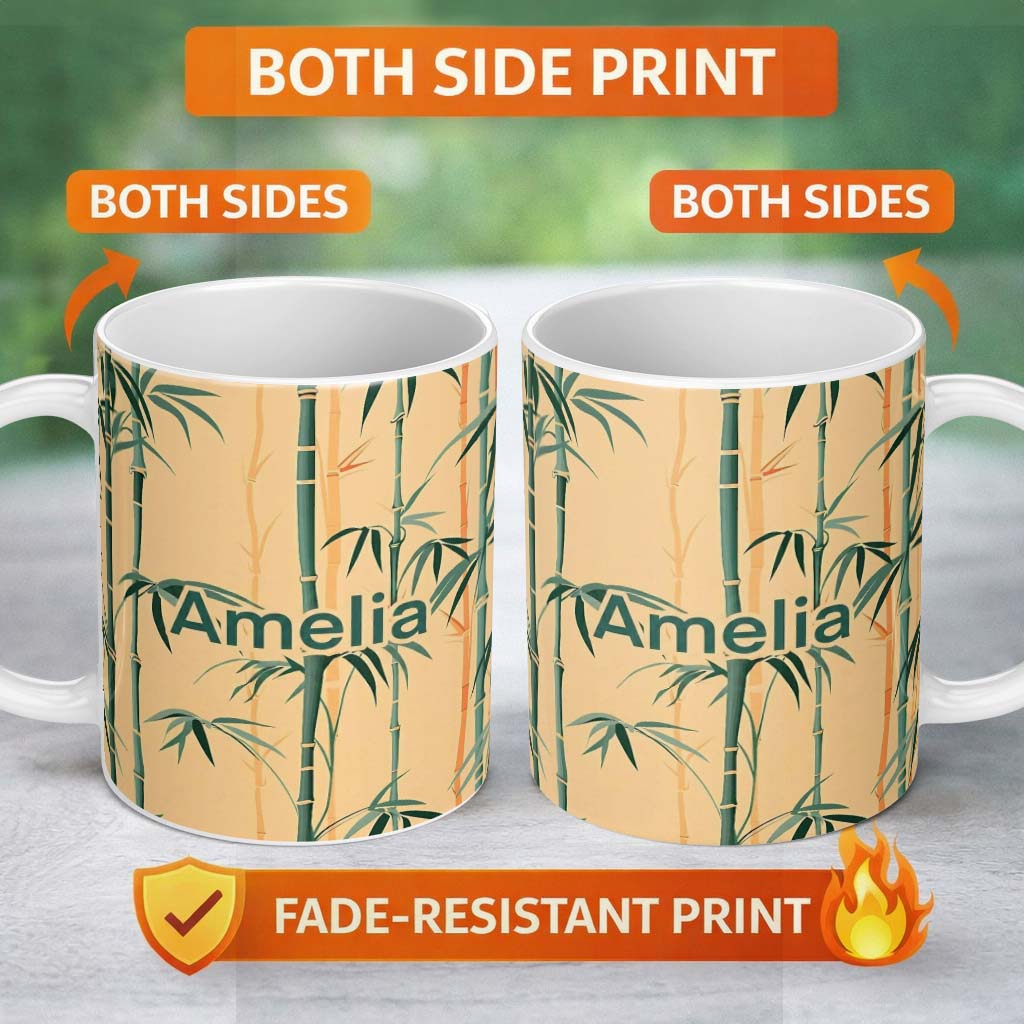 Personalized Custom Name Elegant Bamboo Stalks on Warm Beige Background Asian Botanical 11oz Ceramic Coffee Tea Mug White Large Handle