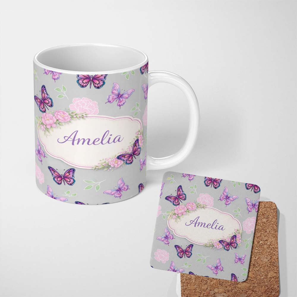 Personalized Custom Name Pink Purple Butterfly Floral Grey Background Seamless Pattern Lovely 11oz Ceramic Coffee Tea Mug White Large Handle