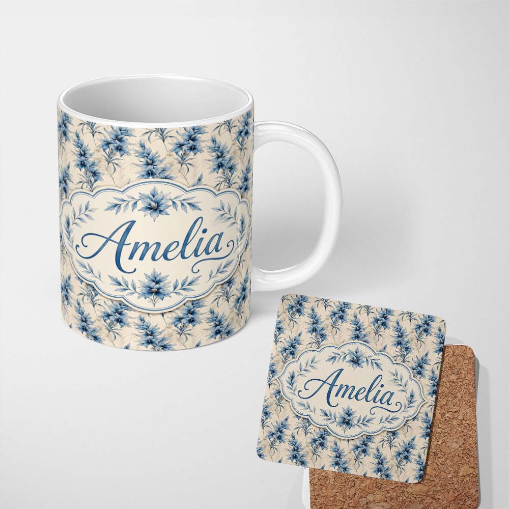 Personalized Custom Name Elegant Blue Floral Vintage Botanical Seamless Pattern Lovely 11oz Ceramic Coffee Tea Mug White Large Handle
