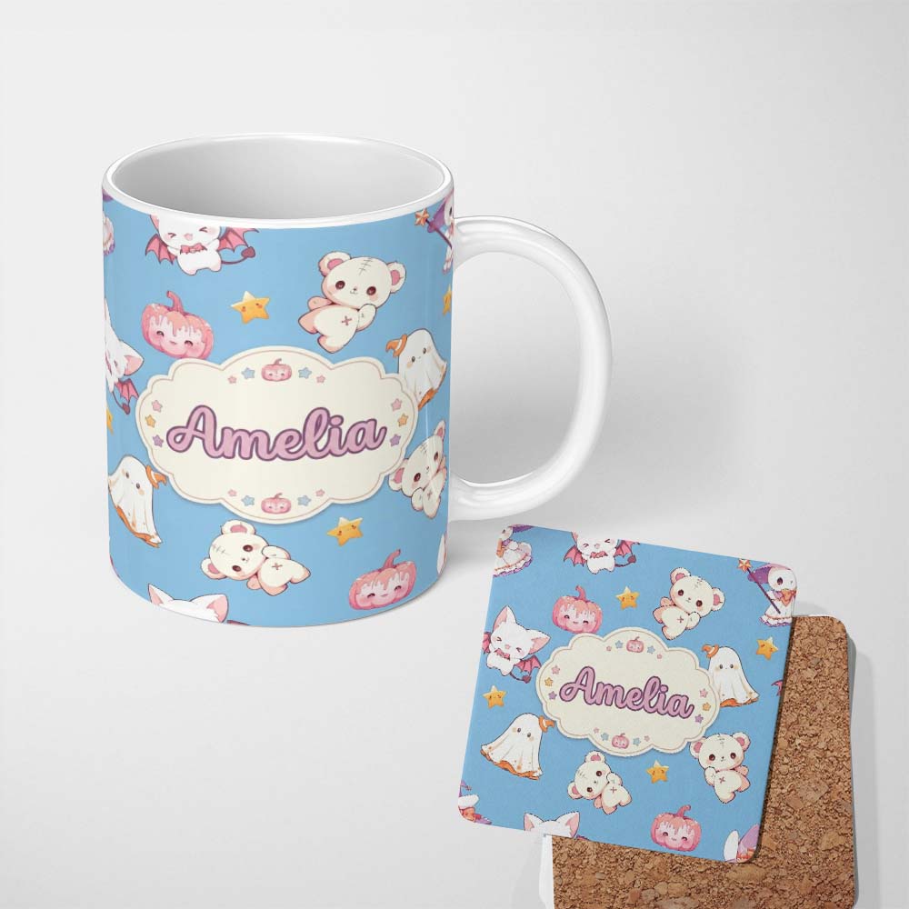 Personalized Custom Name Cute Halloween Bunny Witch Ghost Teddy Pumpkin Seamless Pattern 11oz Ceramic Coffee Tea Mug White Large Handle