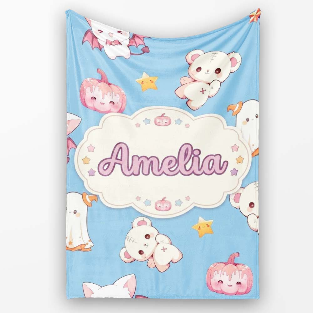 Cute Halloween Bunny Witch Ghost Teddy Pumpkin Seamless Pattern Personalised Custom Name Super Soft Fleece Blanket Bed Sofa Throw