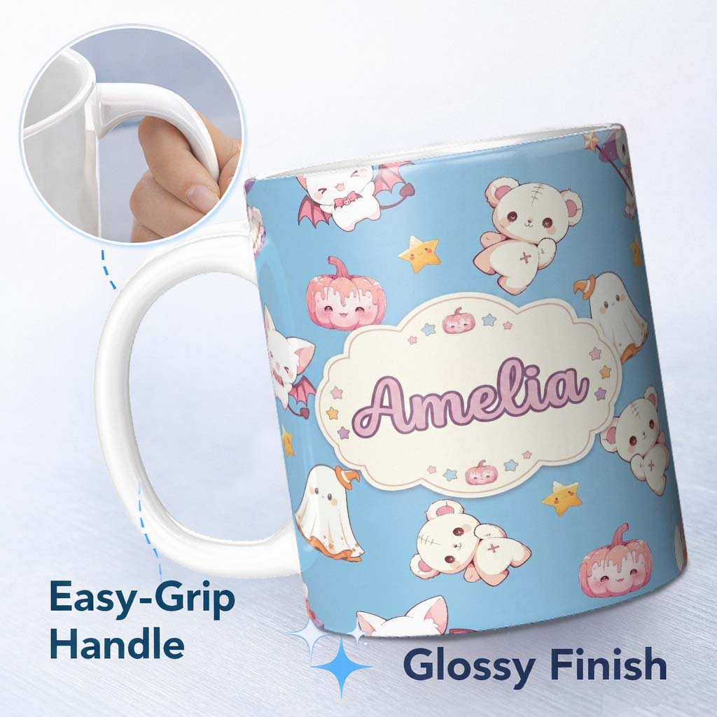 Personalized Custom Name Cute Halloween Bunny Witch Ghost Teddy Pumpkin Seamless Pattern 11oz Ceramic Coffee Tea Mug White Large Handle