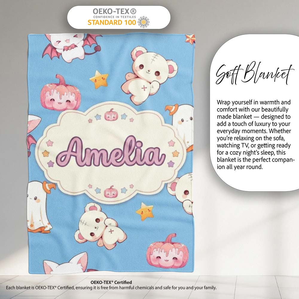 Cute Halloween Bunny Witch Ghost Teddy Pumpkin Seamless Pattern Personalised Custom Name Super Soft Fleece Blanket Bed Sofa Throw