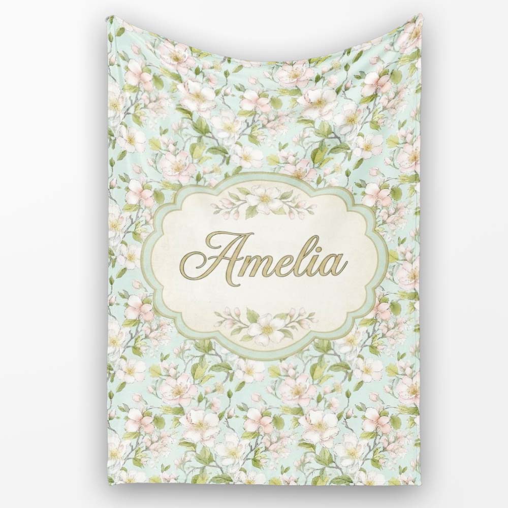 Delicate Cherry Blossom Pastel Floral Seamless Pattern Lovely Personalised Custom Name Super Soft Fleece Blanket Bed Sofa Throw