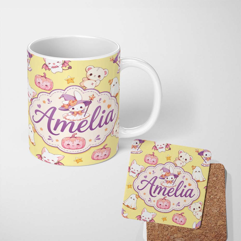 Personalized Custom Name Cute Halloween Bunny Witch Teddy Pumpkin Seamless Pattern Yellow 11oz Ceramic Coffee Tea Mug White Large Handle