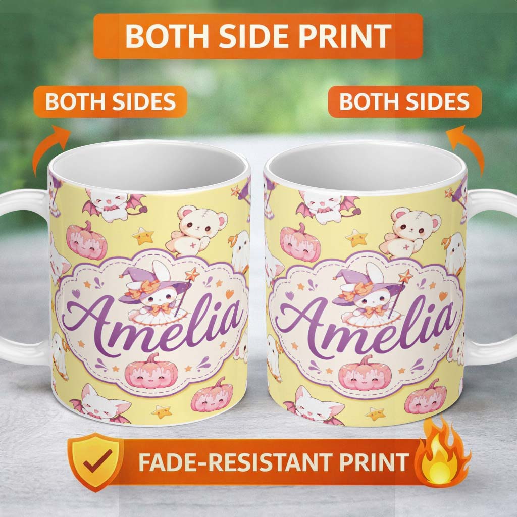 Personalized Custom Name Cute Halloween Bunny Witch Teddy Pumpkin Seamless Pattern Yellow 11oz Ceramic Coffee Tea Mug White Large Handle