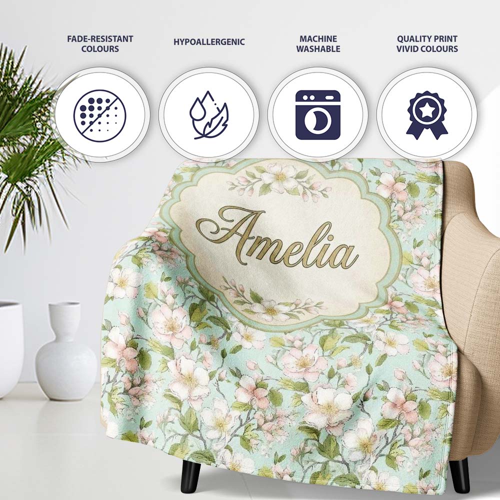 Delicate Cherry Blossom Pastel Floral Seamless Pattern Lovely Personalised Custom Name Super Soft Fleece Blanket Bed Sofa Throw