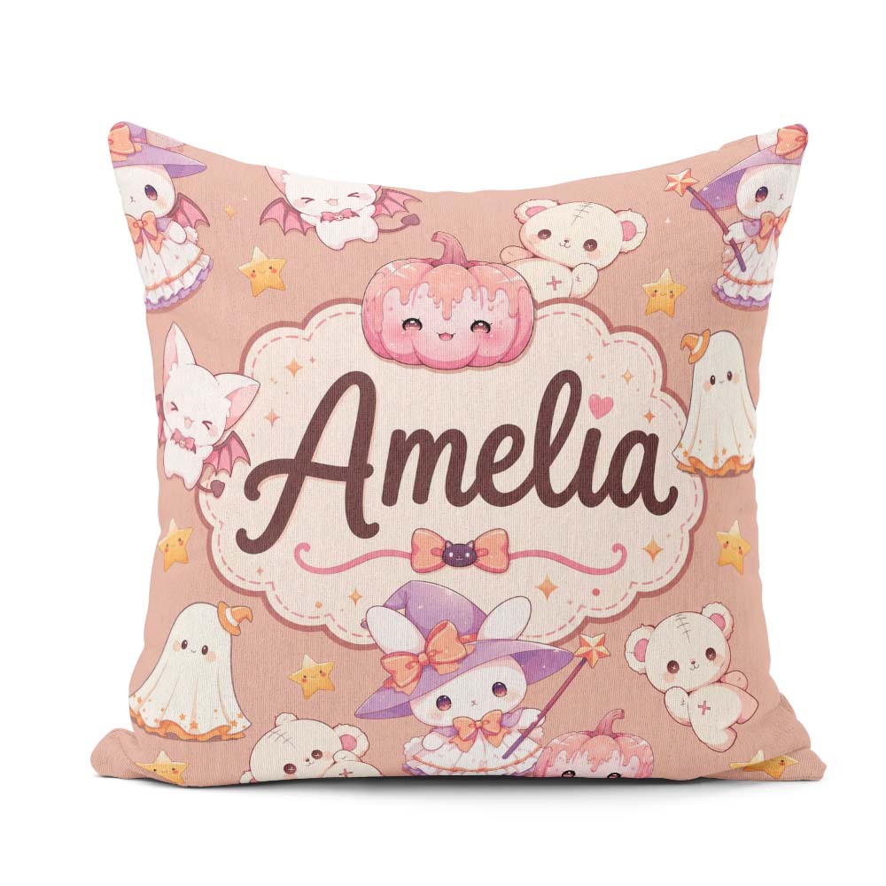 Custom Name Halloween Bunny Witch Teddy Pumpkin Seamless Pattern Square Filled Cushion Throw Pillow Sofa Bed Home Decor Zip Washable UK Made