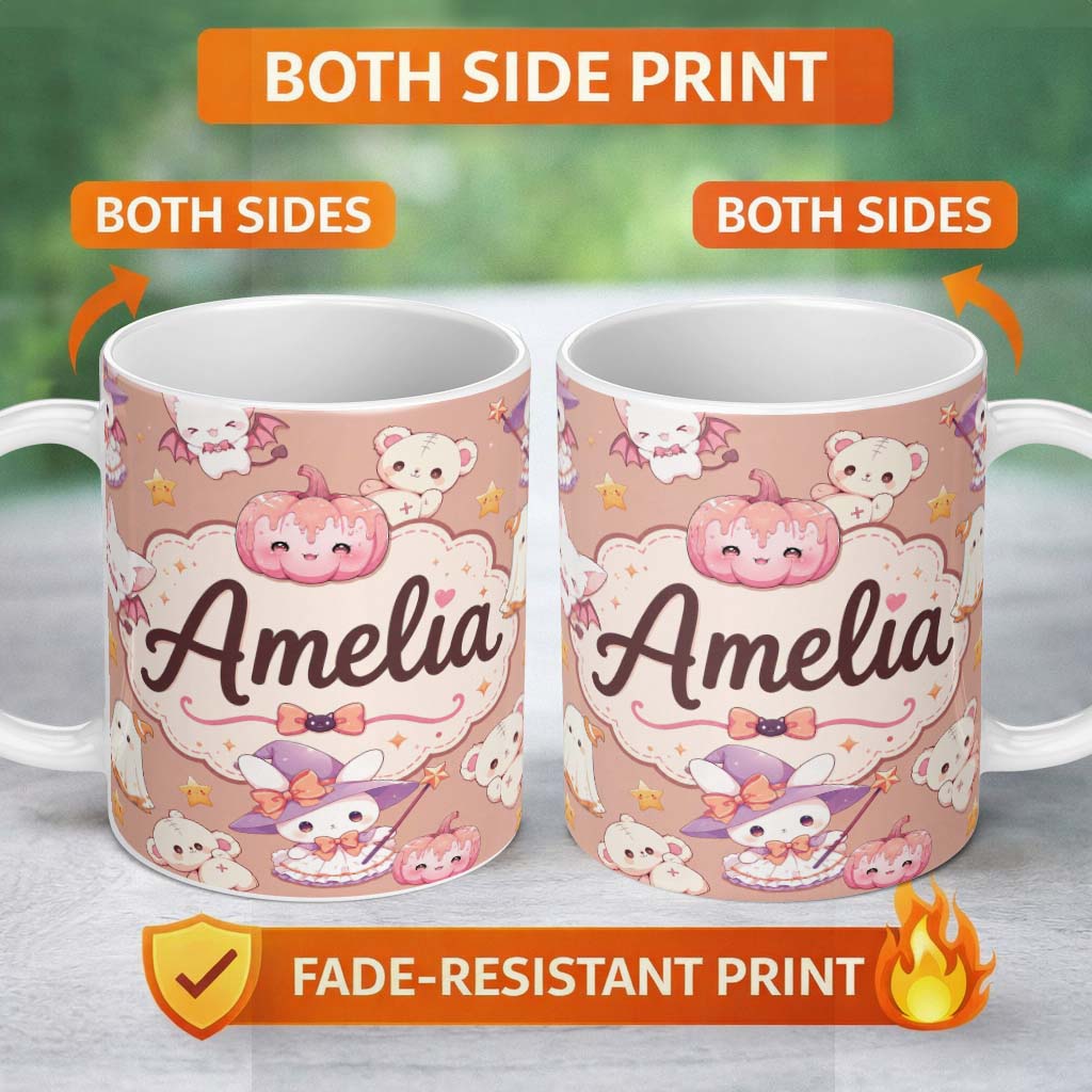 Personalized Custom Name Cute Halloween Bunny Witch Teddy Pumpkin Seamless Pattern Peach 11oz Ceramic Coffee Tea Mug White Large Handle