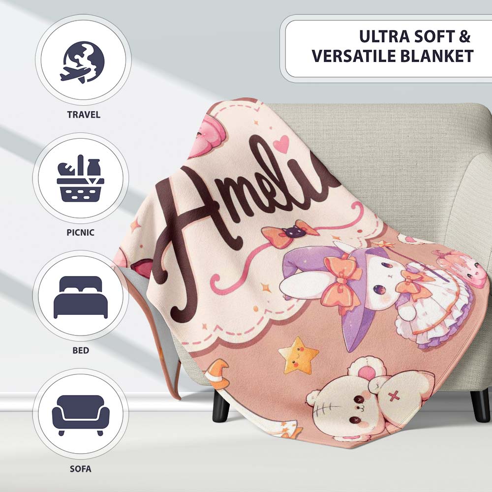 Cute Halloween Bunny Witch Teddy Pumpkin Seamless Pattern Peach Personalised Custom Name Super Soft Fleece Blanket Bed Sofa Throw