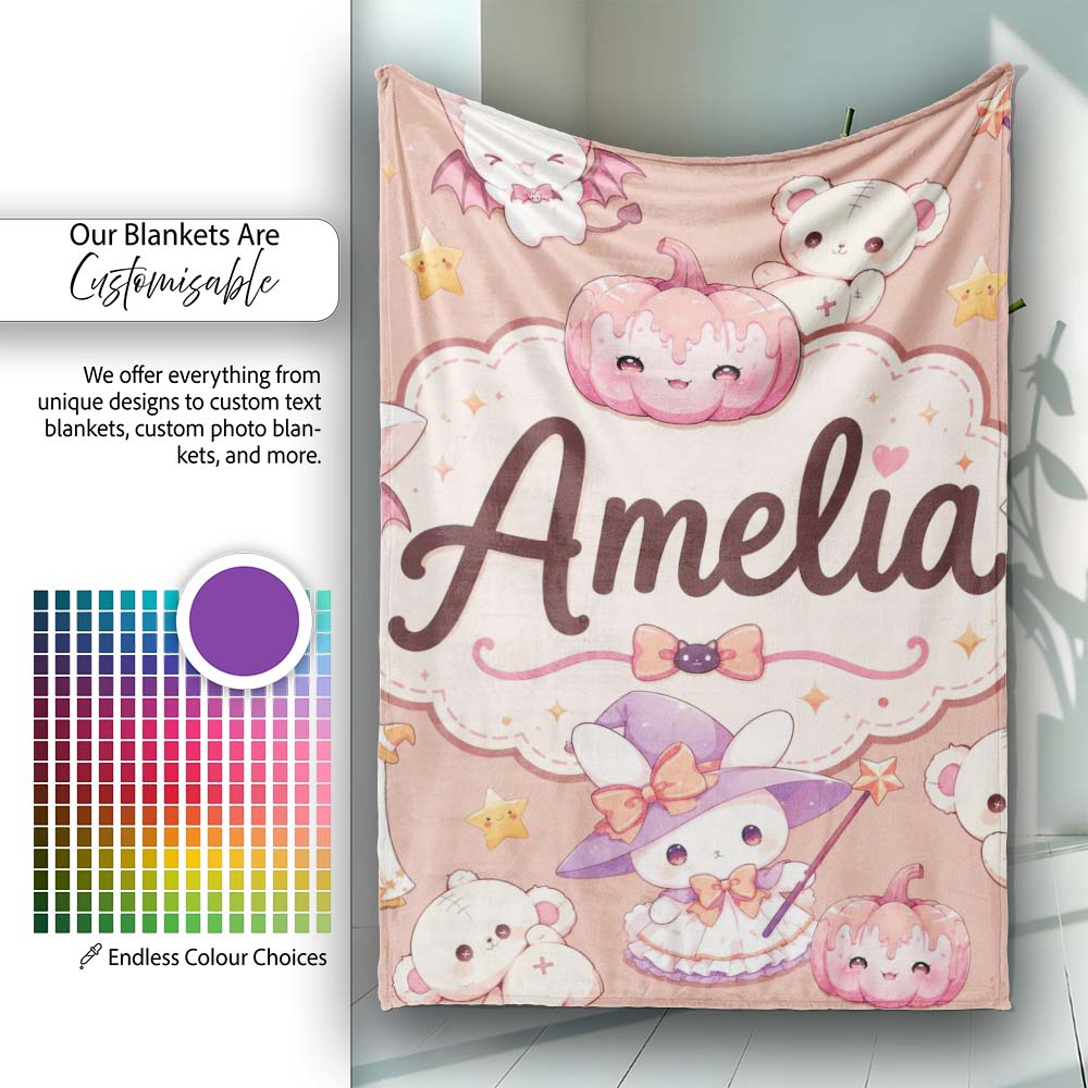 Cute Halloween Bunny Witch Teddy Pumpkin Seamless Pattern Peach Personalised Custom Name Super Soft Fleece Blanket Bed Sofa Throw