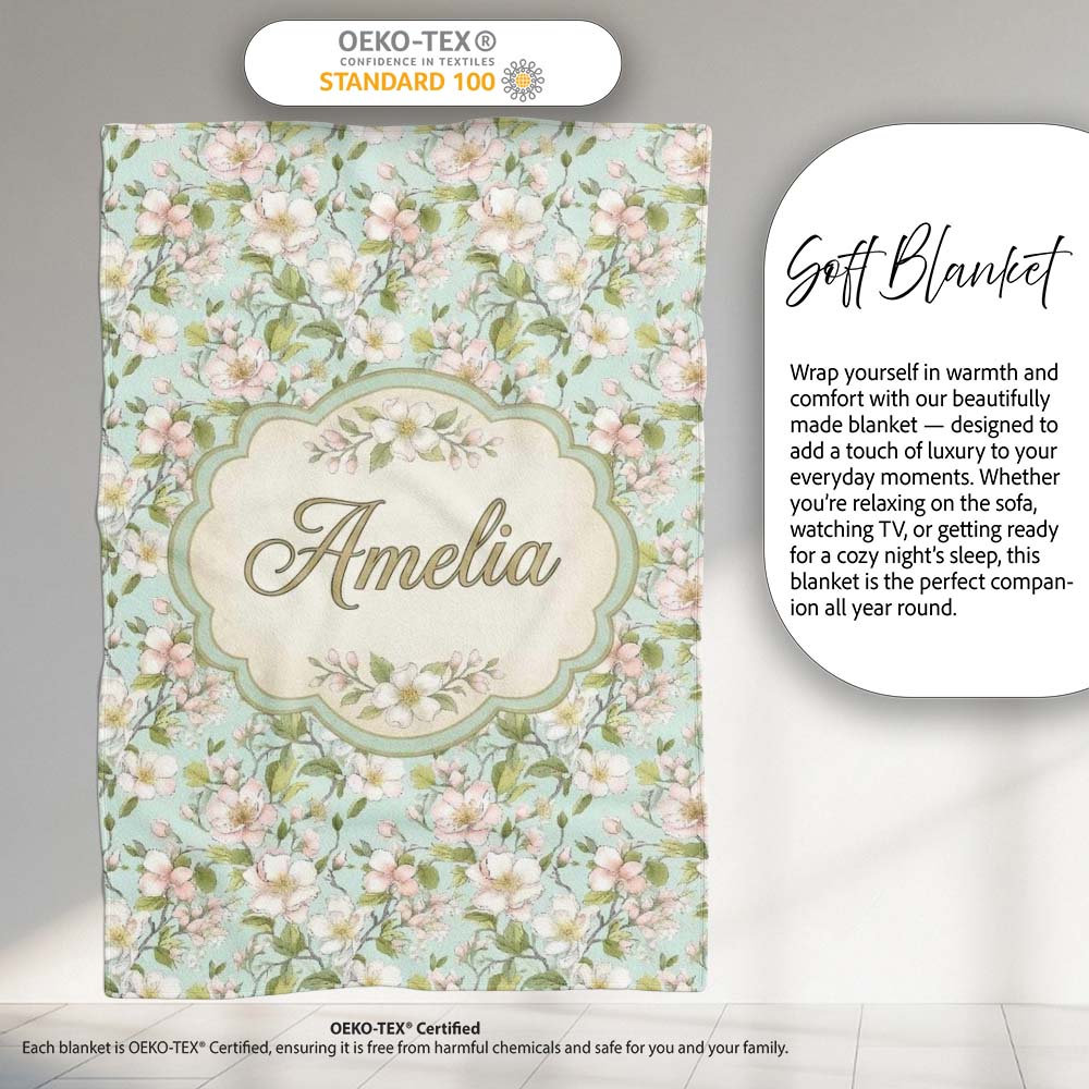 Delicate Cherry Blossom Pastel Floral Seamless Pattern Lovely Personalised Custom Name Super Soft Fleece Blanket Bed Sofa Throw