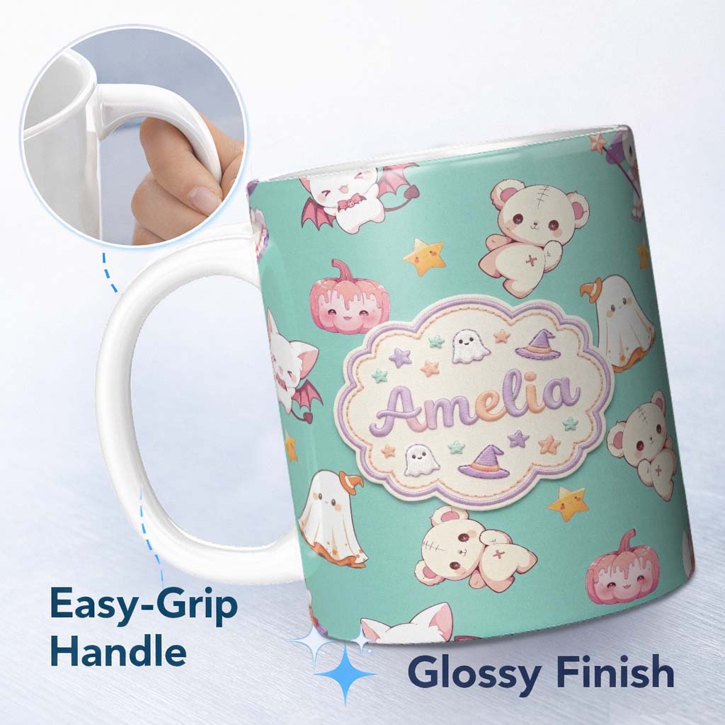 Personalized Custom Name Cute Halloween Bunny Witch Ghost Teddy Pumpkin Seamless Pattern 11oz Ceramic Coffee Tea Mug White Large Handle