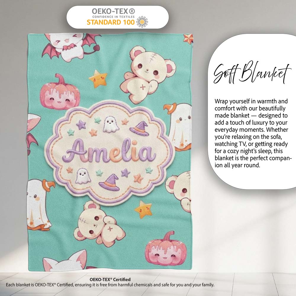 Cute Halloween Bunny Witch Ghost Teddy Pumpkin Seamless Pattern Personalised Custom Name Super Soft Fleece Blanket Bed Sofa Throw
