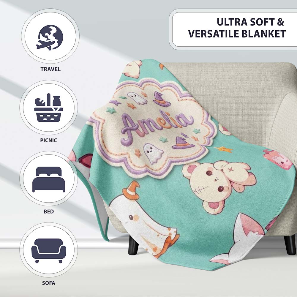 Cute Halloween Bunny Witch Ghost Teddy Pumpkin Seamless Pattern Personalised Custom Name Super Soft Fleece Blanket Bed Sofa Throw