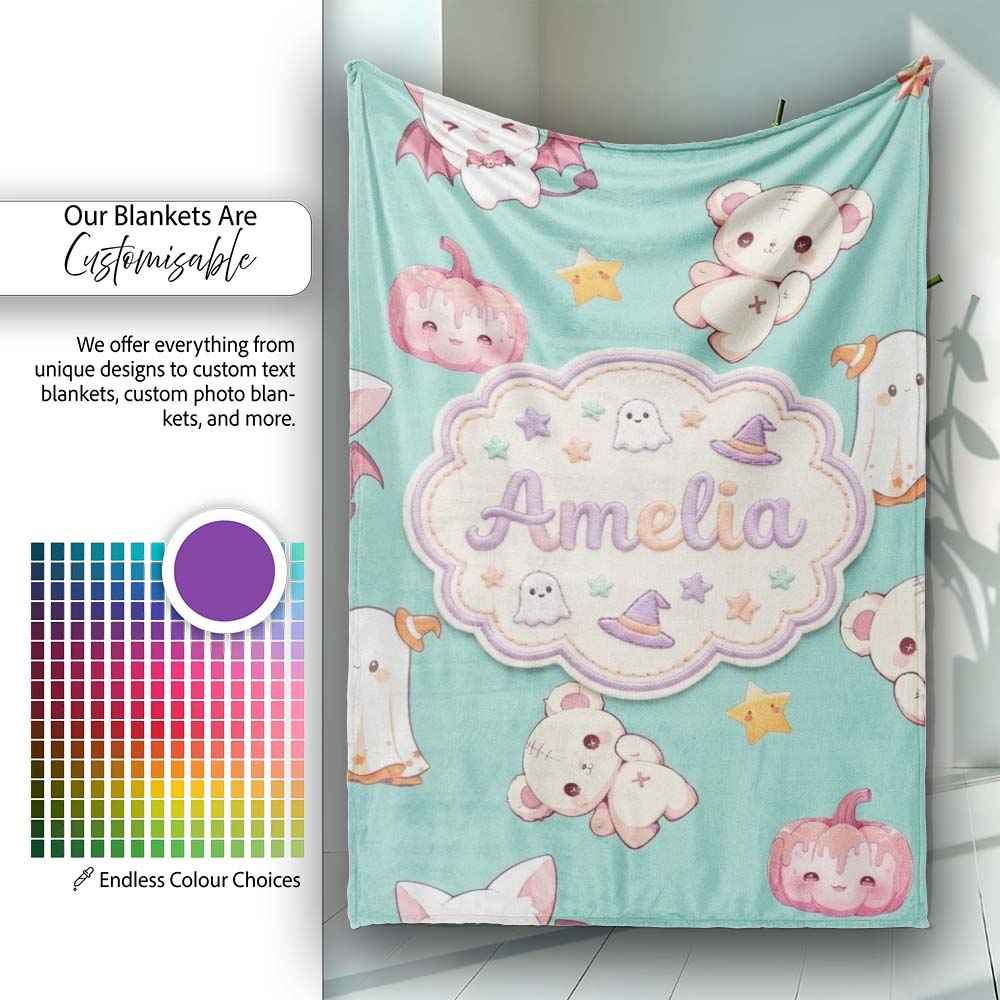 Cute Halloween Bunny Witch Ghost Teddy Pumpkin Seamless Pattern Personalised Custom Name Super Soft Fleece Blanket Bed Sofa Throw