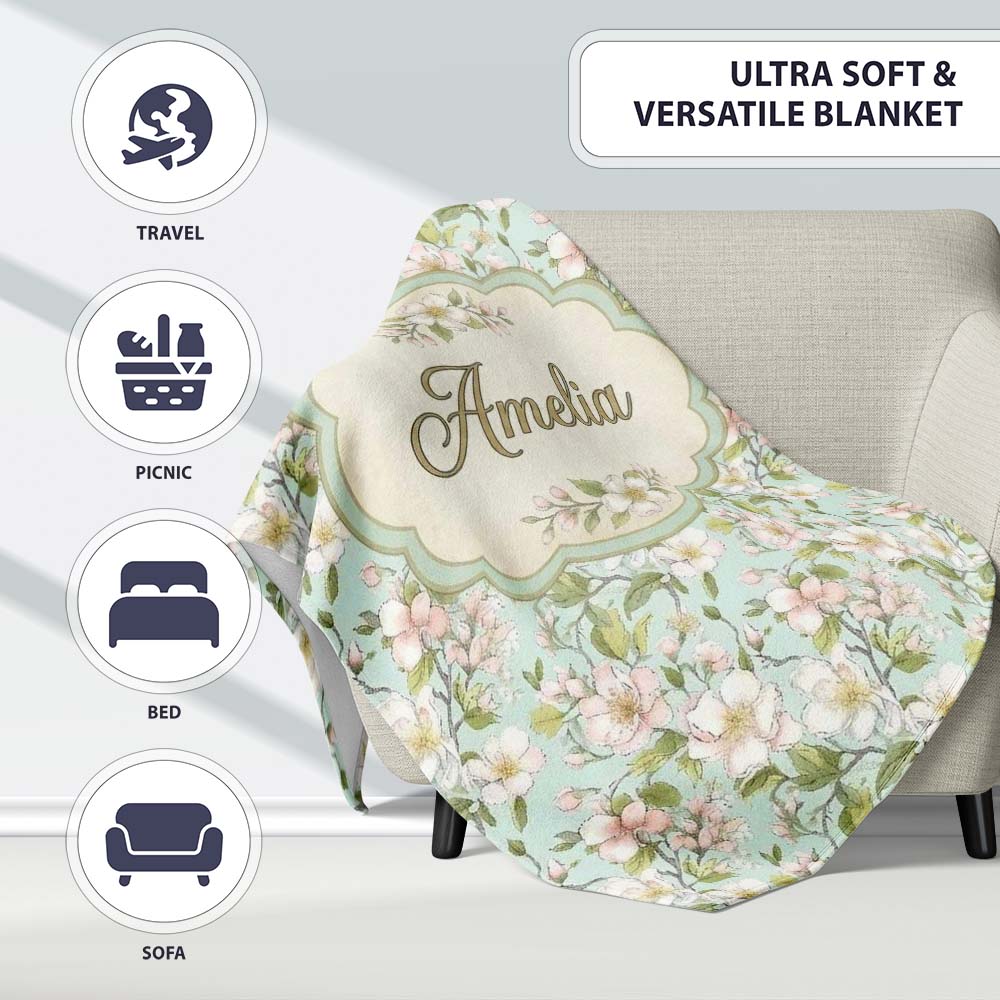 Delicate Cherry Blossom Pastel Floral Seamless Pattern Lovely Personalised Custom Name Super Soft Fleece Blanket Bed Sofa Throw